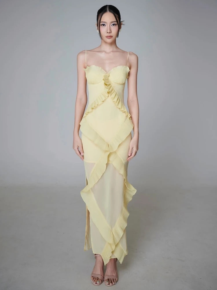 Ruffled spaghetti strap maxi dress