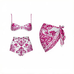 Pink and white patterned bikini top, high-waisted bikini bottoms, and sarong