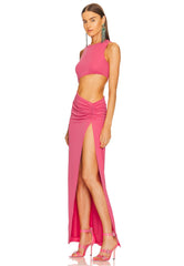 Cutout ruched slit maxi dress three-quarter side view