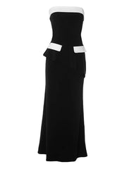 Women’s elegant 2-piece outfit with off-shoulder tube top and long skirt.