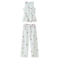 Cherry Print Peplum Top and Wide Leg Pants Set