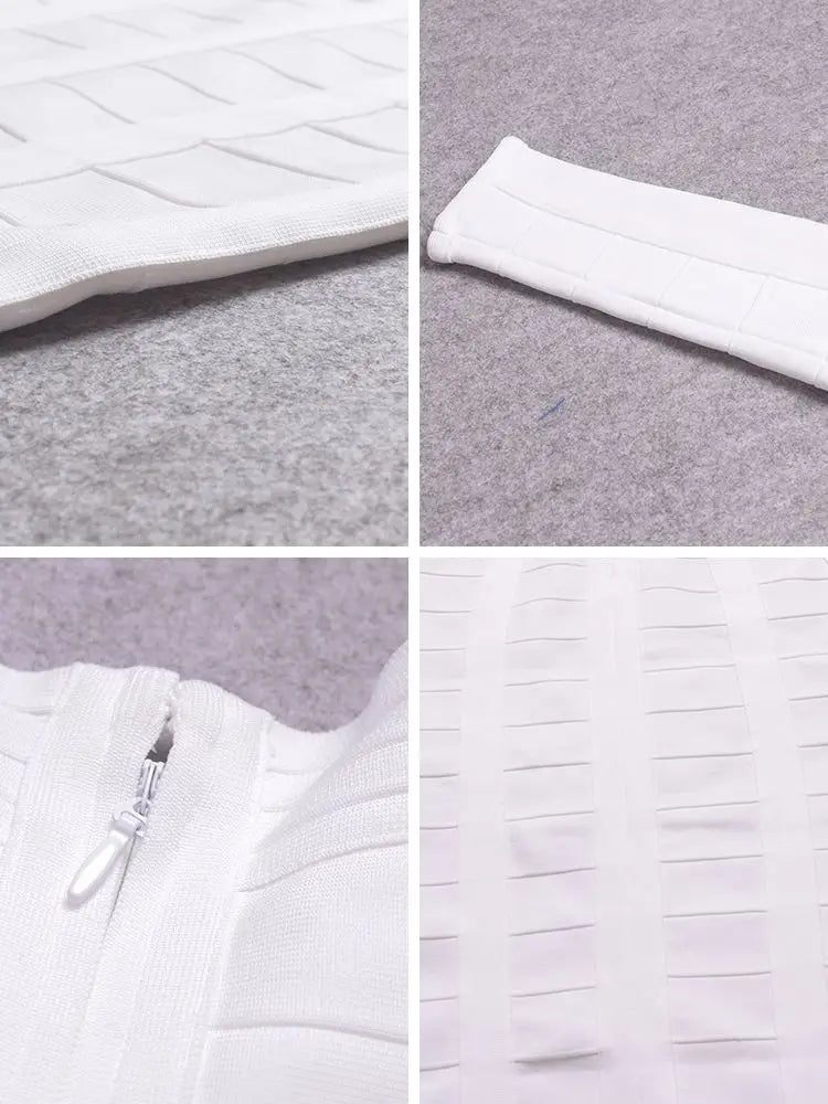 Collage of close-up details of a white jacket on a gray background