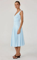 V-Neck Wrap Sleeveless Ruched Midi Dress