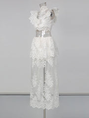 White Sheer Floral Lace High Neck Top and Skirt Set