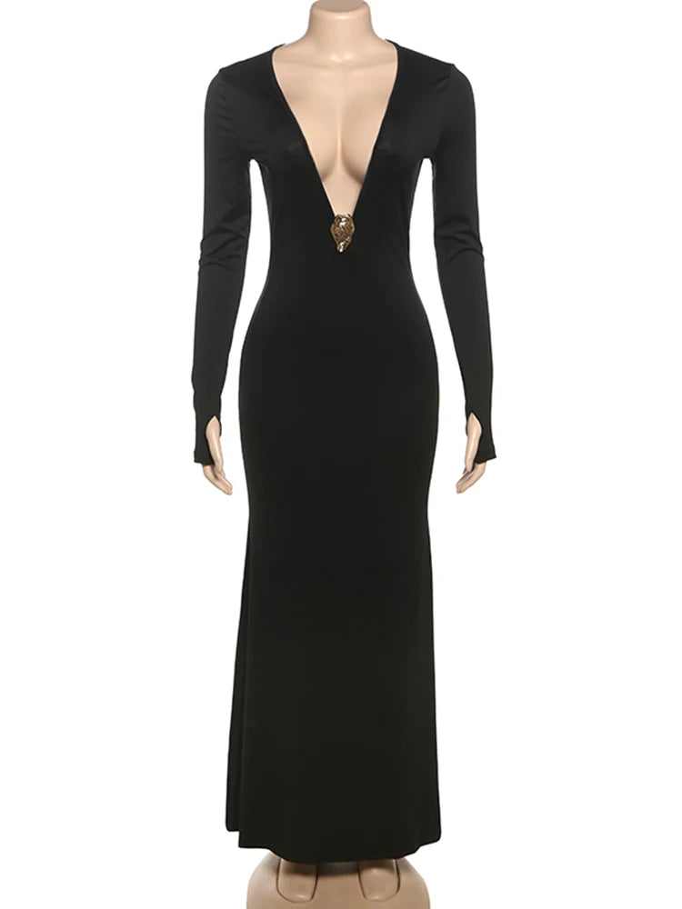 Black long-sleeve dress with a deep neckline on a mannequin against a white background