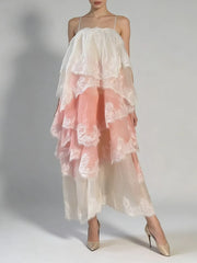 Sleeveless A-line dress with lace trim and color gradient