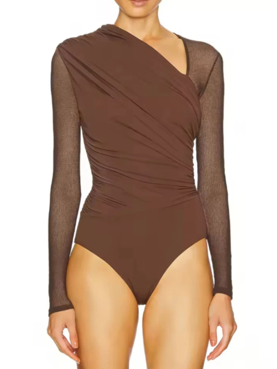 Brown swimsuit with sheer long sleeves on a white background
