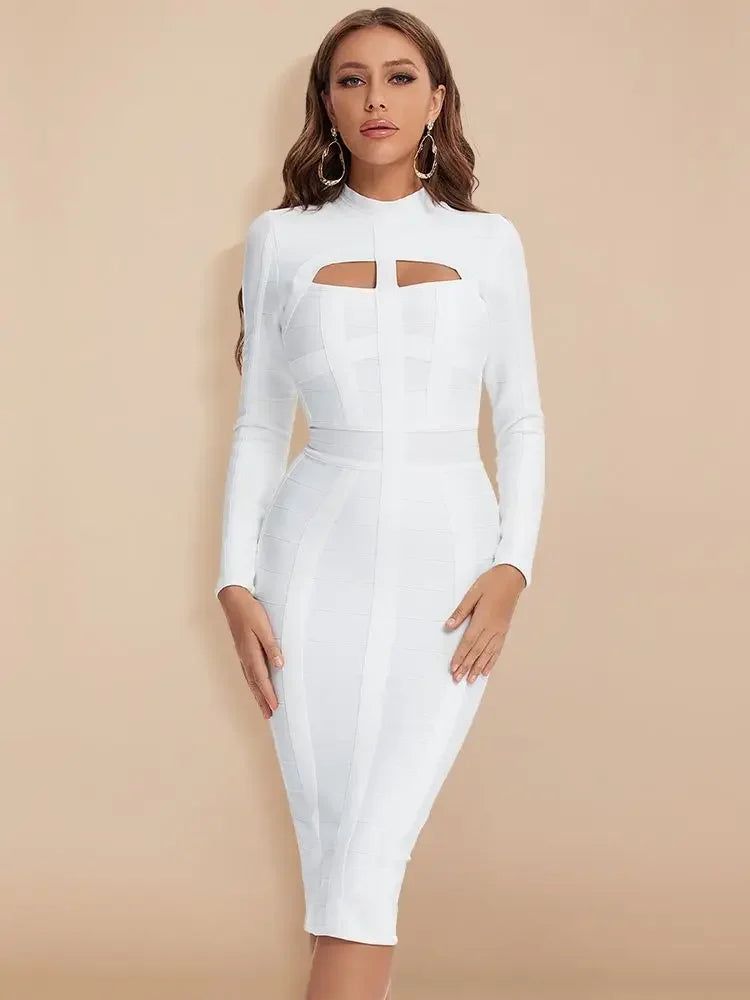 White long-sleeve dress with cut-out design on a beige background
