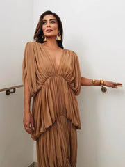 Brown Draped Layered Deep Neck Maxi Dress