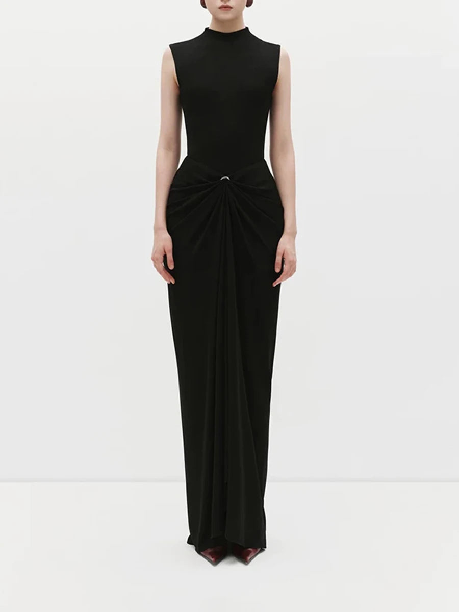 Sleeveless mock neck draped maxi dress in black
