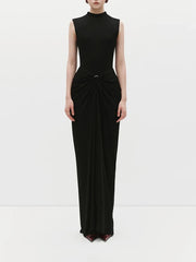 Sleeveless mock neck draped maxi dress in black