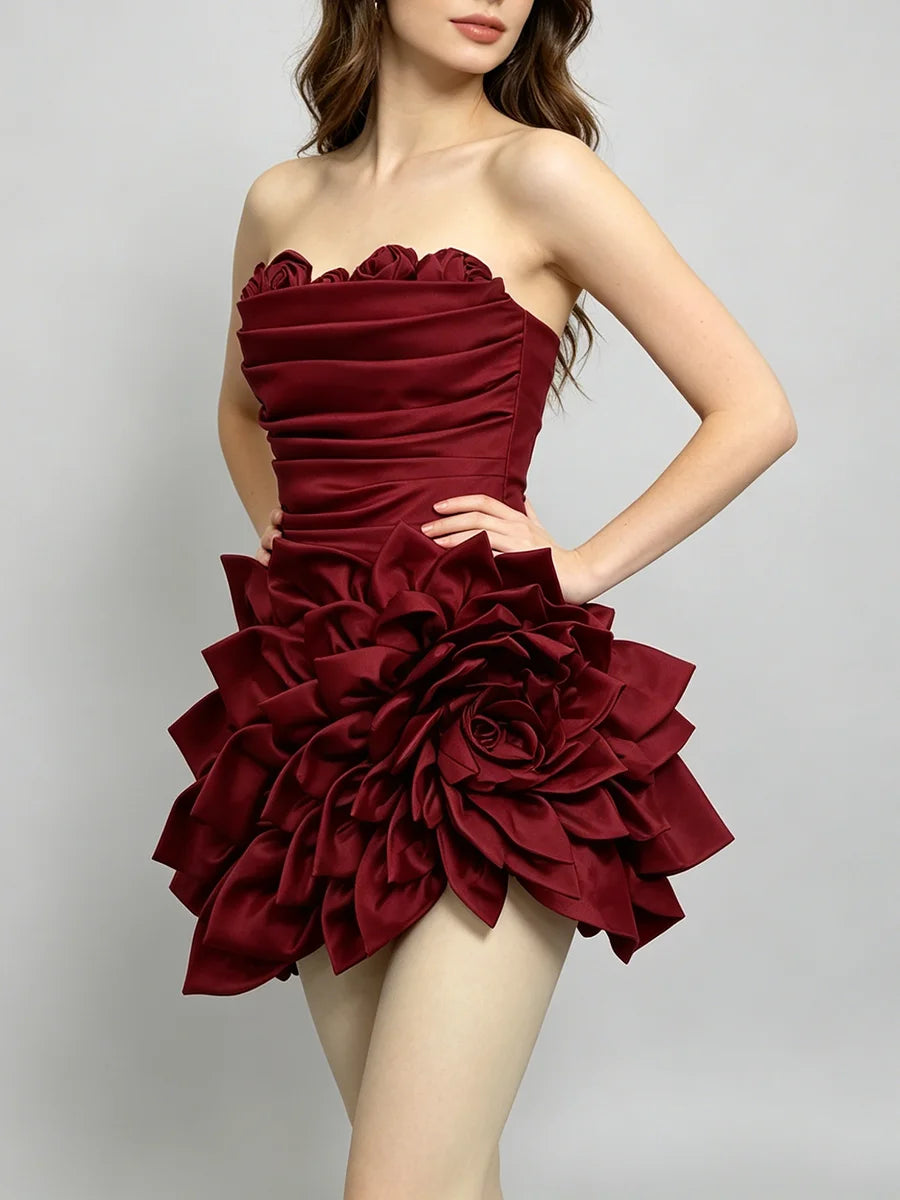 Strapless ruffled flower mini dress side profile