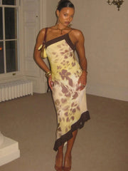 Diagonal collar plum blossom print asymmetrical hem dress