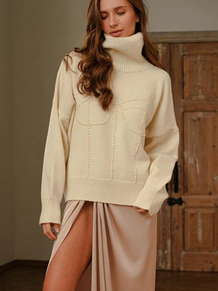 Pearl Turtleneck Knit Ribber Solid Thin Sweater
