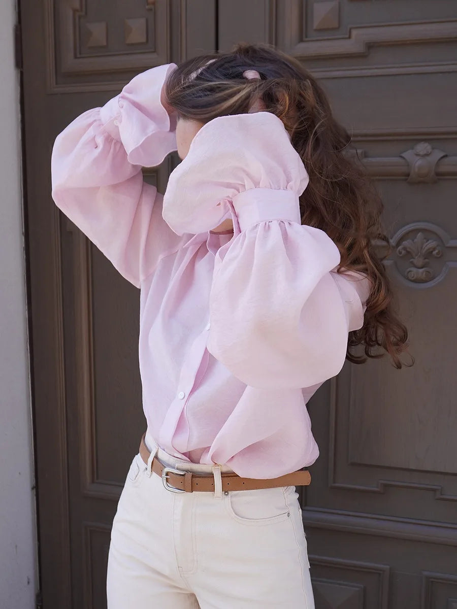 Person wearing a light pink blouse with puffed sleeves in front of a decorative door.