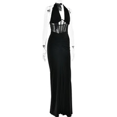 Halter Neck Sheer Bodice Waist Maxi Dress