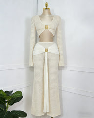 White Cropped Long Sleeve Knit Top and Maxi Skirt Set