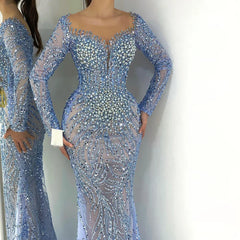 Blue Mermaid Beaded Pearls Evening Dresses Gowns For Women