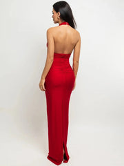 Halter Neck Ruched Flower Applique Maxi Dress