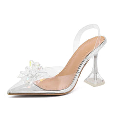 Close-up of the crystal flower details on the transparent PVC heels. Golden Atelier 4