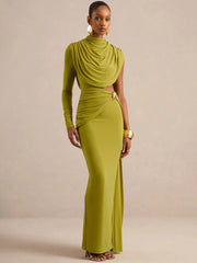 High Neck One Long Sleeve Draped Cutout Waist Maxi Dress