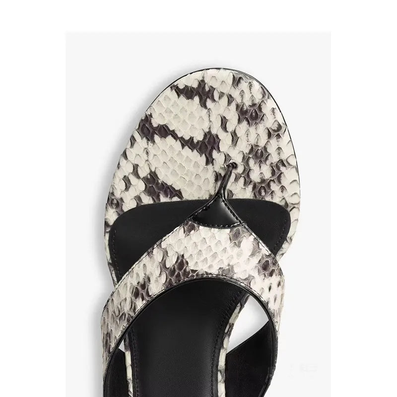 Snake pattern stiletto thong sandal close-up
