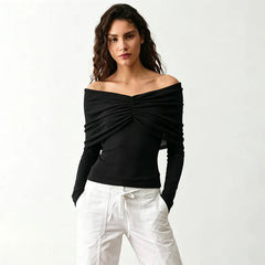 Off Shoulder Pleated Mesh Top