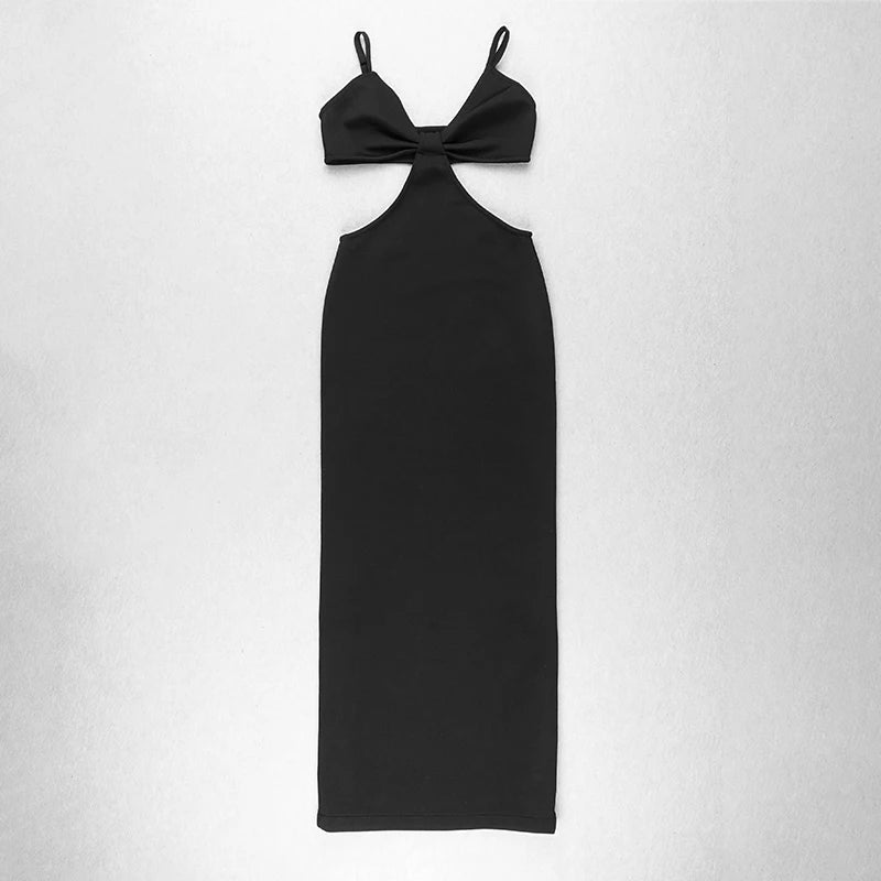 Black dress with bow detail on a white background