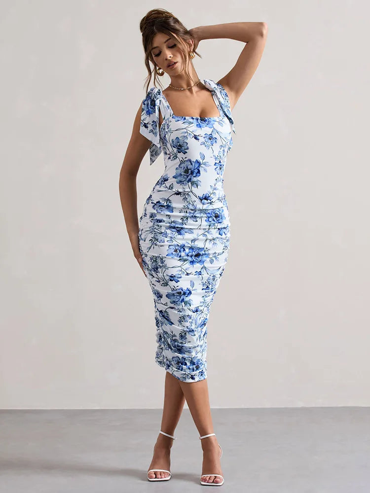 Blue Floral Print Square Collar Midi Dress