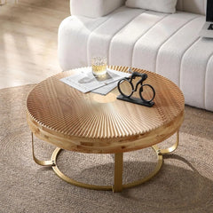 Top view showing sunburst carving detail on coffee table surface