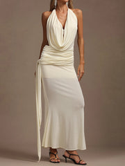 White Open Back Cowl Neck Drape Maxi Dress