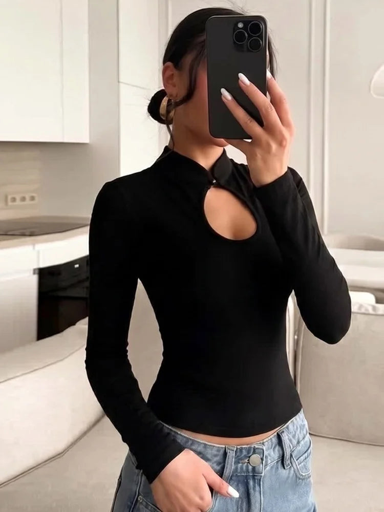 Keyhole mock neck long sleeve top