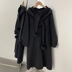 Hooded Wool Blend Coat with Pom-Pom Scarf