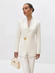 White lace trim fitted waist blazer with single button closure