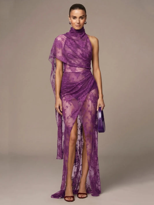 Purple draped lace maxi dress