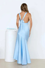 Satin Backless Asymmetrical Hem Maxi Dress