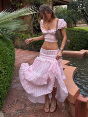 Striped ruffle crop top and maxi skirt set