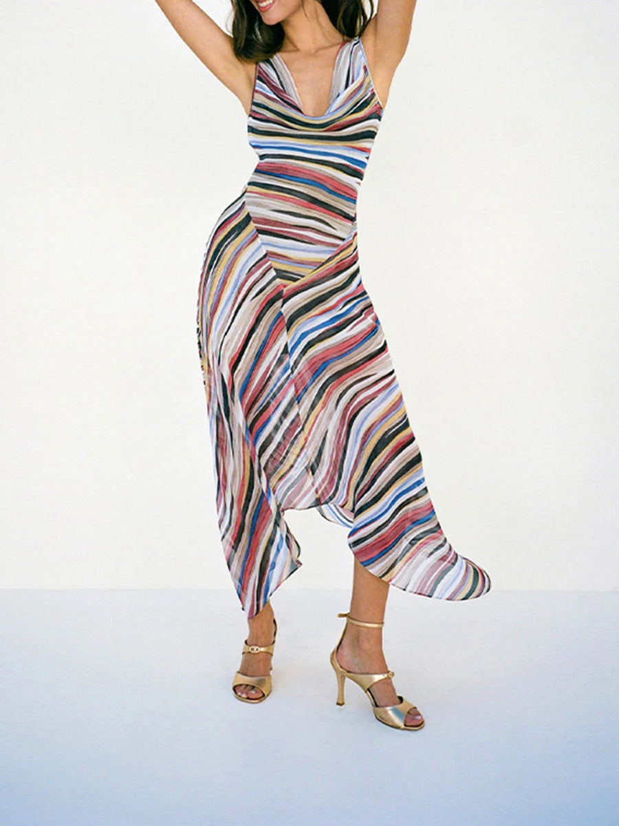Striped V-neck sleeveless midi dress in motion on a white background