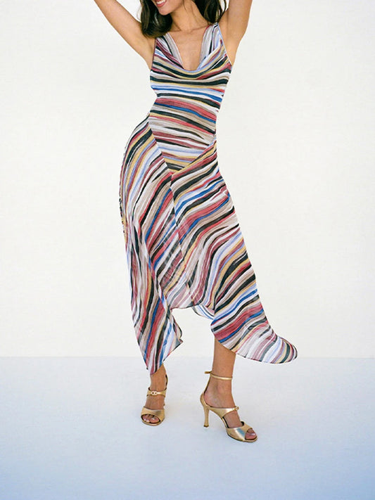 Striped V-neck sleeveless midi dress in motion on a white background