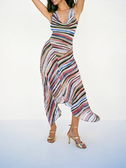 Striped V-neck sleeveless midi dress in motion on a white background