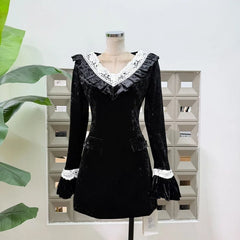 Velvet Ruffled Lace Mini Dress Front View