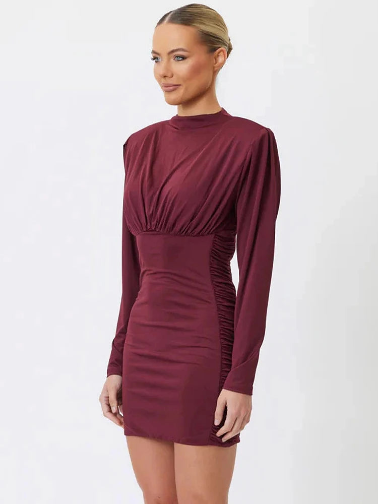 Side view of burgundy high neck long sleeve bodycon mini dress