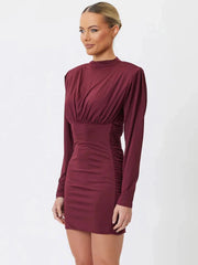 Side view of burgundy high neck long sleeve bodycon mini dress
