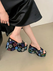 Floral Sequin Platform Wedge Sandals