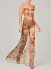 Leopard Print Lace Split Maxi Dress