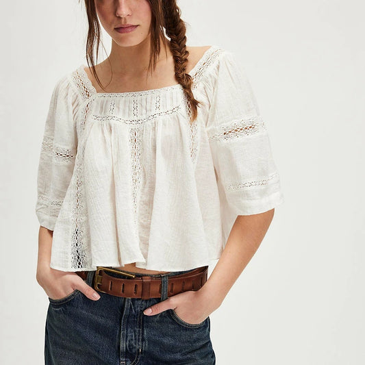 White lace trim square neck crop top
