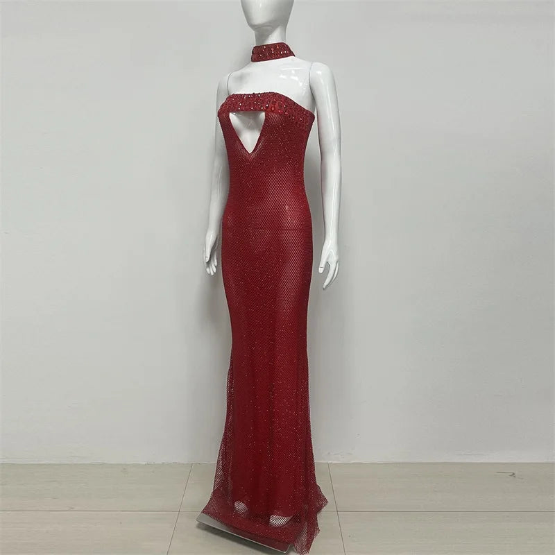 Strapless crystal embellished mermaid gown on mannequin side view