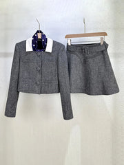 Tailored grey mini skirt outfit with contrast-collar top