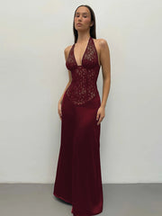 Burgundy deep V-neck lace halter maxi dress full view