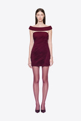 Burgundy ruched off-shoulder cutout mini dress front view
